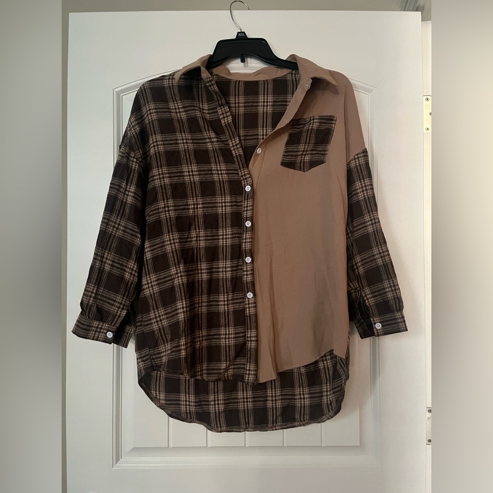 Women’s Brown Plaid Color Block Button Down